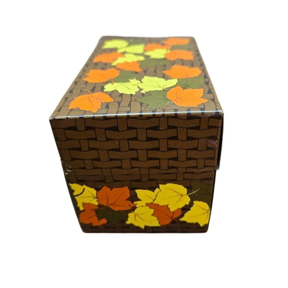VTG Autumn Thanksgiving‎ Tin Recipe Box Syndicate Mfg Fall Leaves MCM